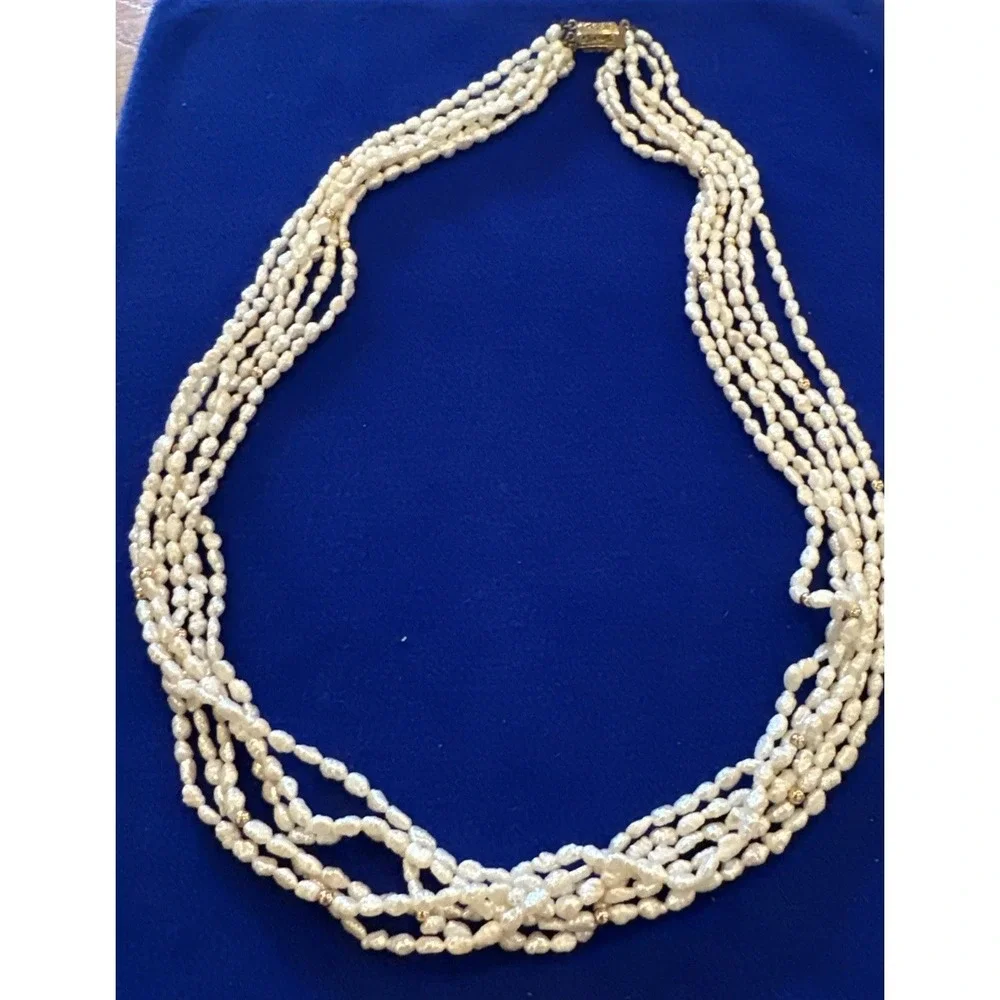 VTG Six Strand Seed Pearl Necklace Gold Tone Clasp Beads Hand Knotted Classic